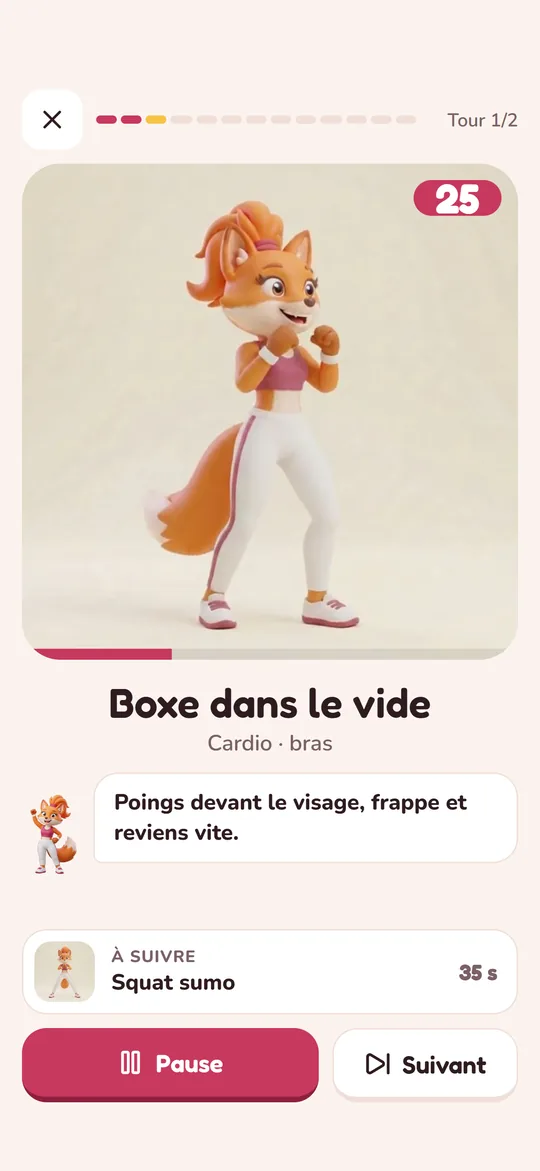 Pendant la séance : Sana montre l'exercice en vidéo, avec le chrono